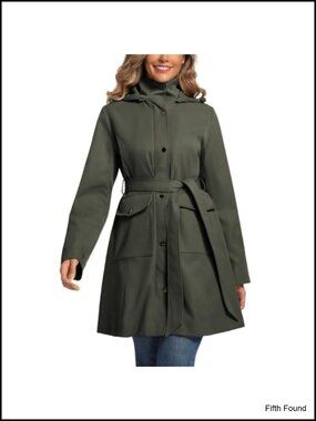 Water Resistant Trench Coat Women Belted Hooded Rain Jacket